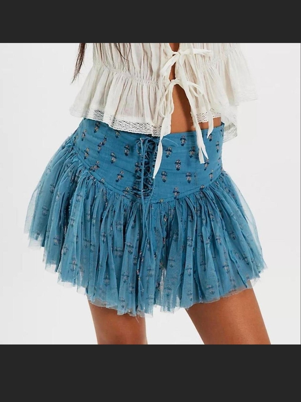 Free People Blue Tiered Lace-Up Mini Skirt